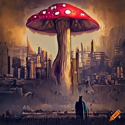 Enchanted Giant Mushroom In An Apocalyptic Cityscape With An Elk With