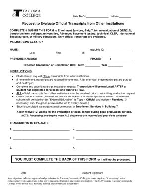 Fillable Online Request To Evaluate Official Transcripts From Other