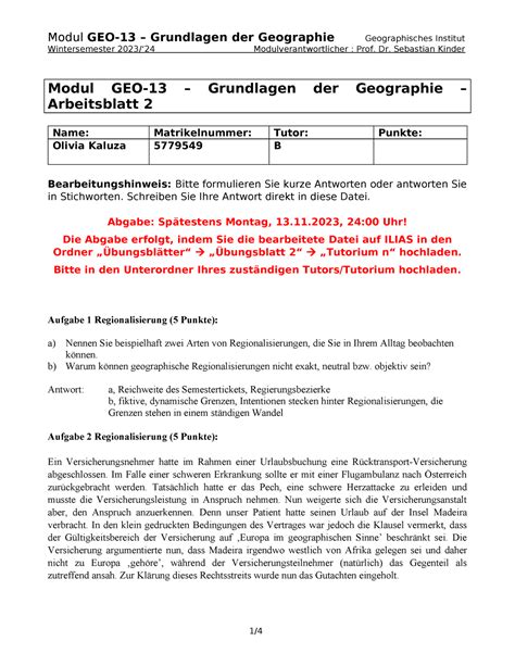 Uebungsblatt 2 GEO 13 Wintersemester 2023 24 Modulverantwortlicher