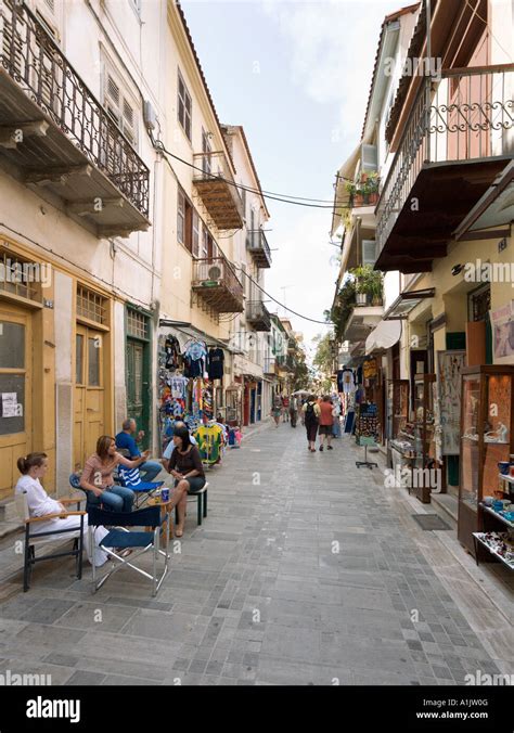 Shops On A Narrow Street In The Town Centre Nafplion Peloponnese