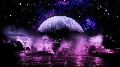 Hd Wallpaper Night Stars Moon Eletric Clouds Purple Space