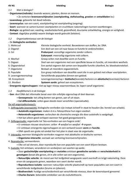 Biologie 4VWO Hoofdstuk 1 Inleiding 4V H1 Inleiding Biologie 1