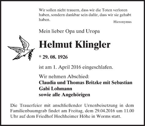 Traueranzeigen Von Helmut Klingler Vrm Trauer De