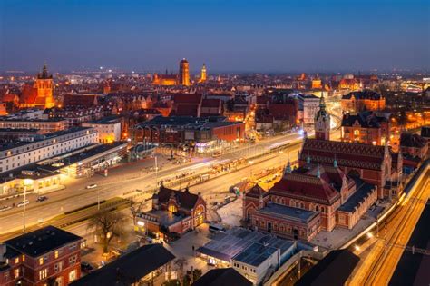 Main Railway Station Building In Gdansk At Night Poland Stock Photo