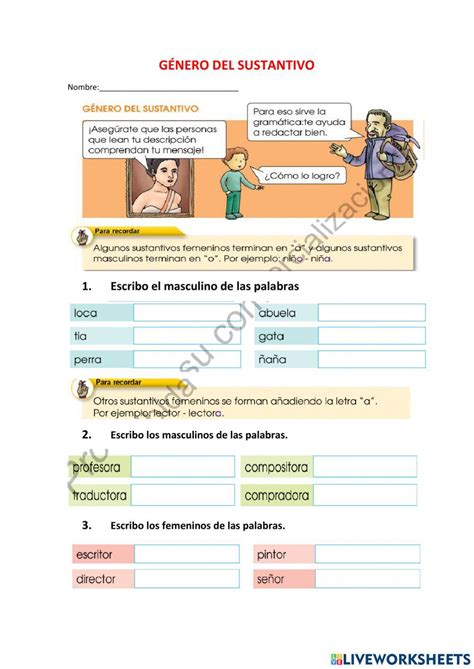 Genero Del Sustantivo Interactive Exercise Live Worksheets