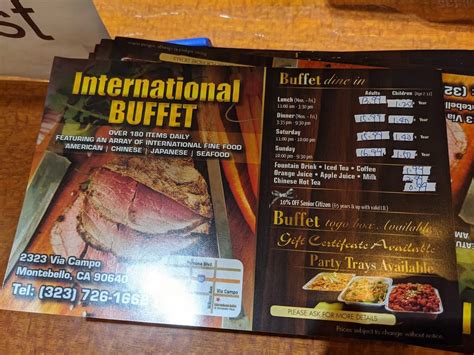 Menu at International Buffet restaurant, Montebello