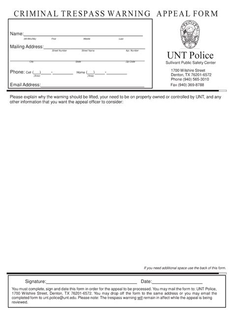 Fillable Online Police Unt Criminal Trespass Warning Appeal Form Unt