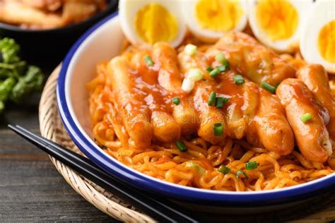 Korean Spicy Instant Noodle With Tteokbokki Sausage And Egg Stock Image Image Of Healthy