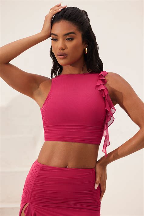 Verbena Open Back Ruched Ruffle Crop Top In Fuchsia Oh Polly