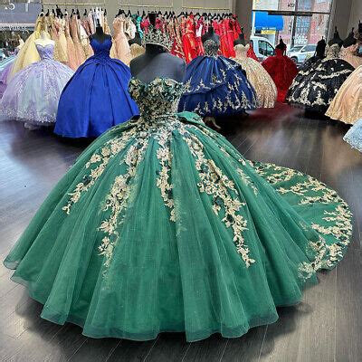 Emerald Green Quinceanera Dresses Ball Gown D Flowers Gold Appliques