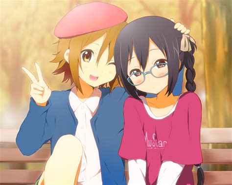 2girls Black Hair Blush Braids Brown Eyes Brown Hair Cropped Glasses Hat Kisuke Akutamu K On