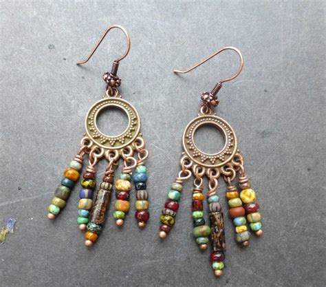 Earthy Small Dangle Czech Glass And Copper Earrings Bohemian Jewelry