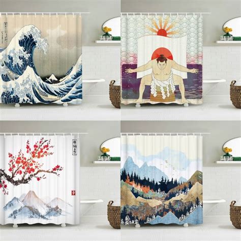 Waterproof Polyester Fabric Shower Curtain Japanese Style Waves Samurai