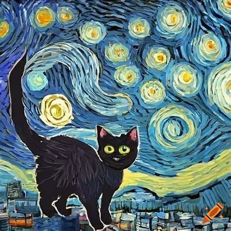 Painting Of Two Black Cats Under A Starry Night On Craiyon