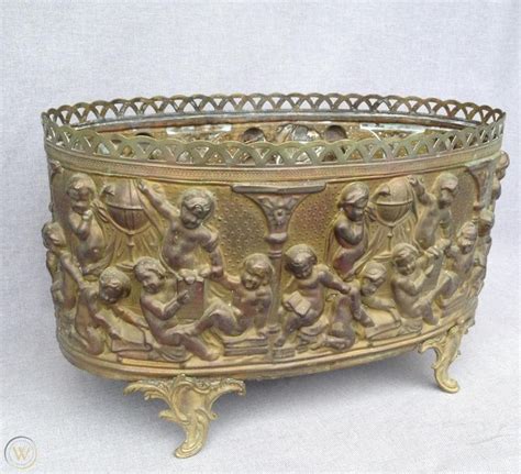 Antique French Brass Repousse Planter Jardiniere Th Century Angels