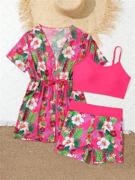 Chica Preadolescente Ba Ador Bikini Con Estampado Tropical Con Kimono