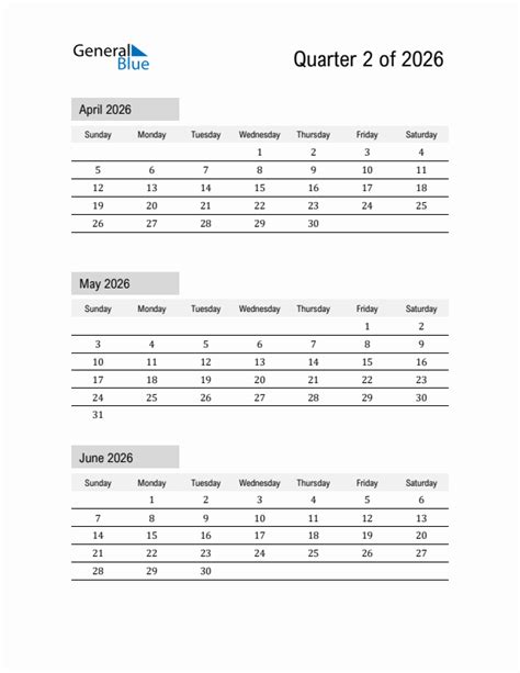 Q2 Quarterly Calendar 2026 In PDF Word Excel