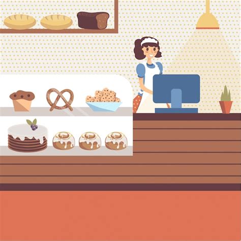 Premium Vector Bakery Shop Interior With Glass Showcase Full Of