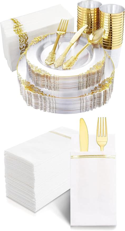 Amazon Nervure 175PCS Clear Gold Plastic Plates Gold Disposable