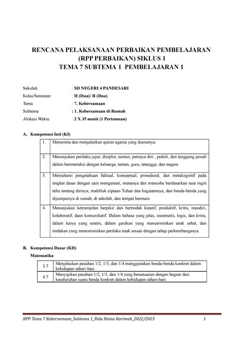 Rpp Perbaikan Siklus T St Pb Rencana Pelaksanaan Perbaikan