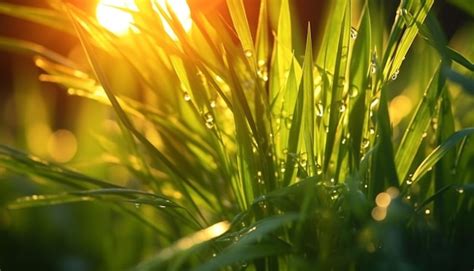 Premium Ai Image Fresh Green Grass Glistens With Dewdrops In The