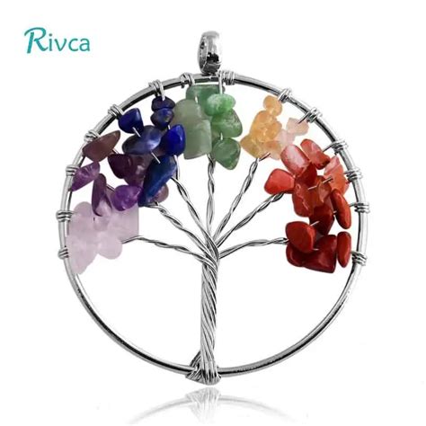 Rivca 7 Chakra Tree Of Life Pendant Necklace Copper Quartz Crystal Natural Stone Necklace Women