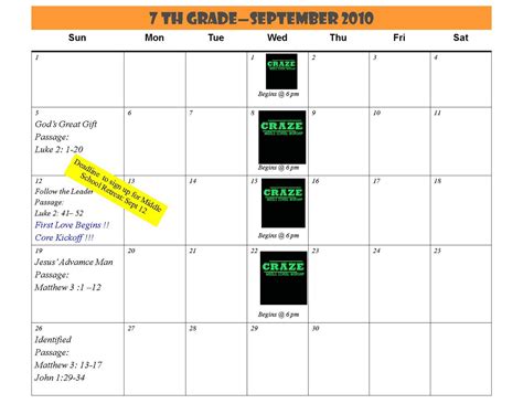 11 Oclock Middle School 7th Grade Calendar