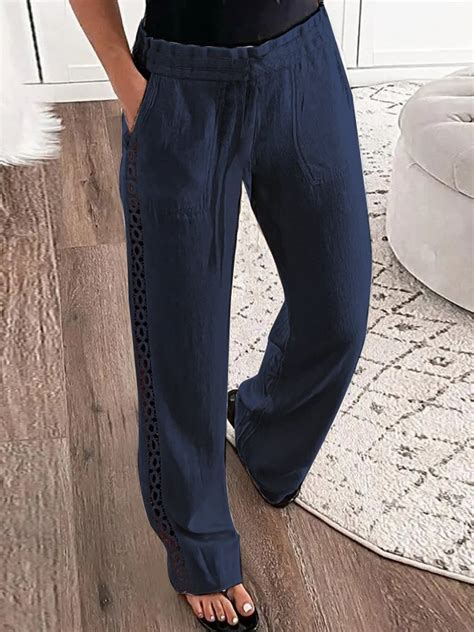 Women Casual Plain Loose Elastic Waist Hollow Out Lace Pockets Pants