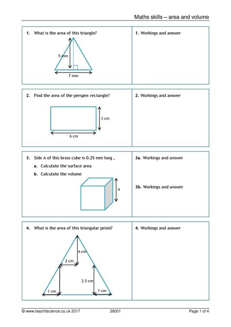 Maths Skills Area Volume Worksheet Ks4 Science Teachit