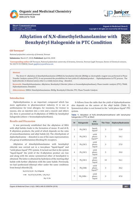 Pdf Alkylation Of N N Dimethylethanolamine With Benzhydryl Halogenide