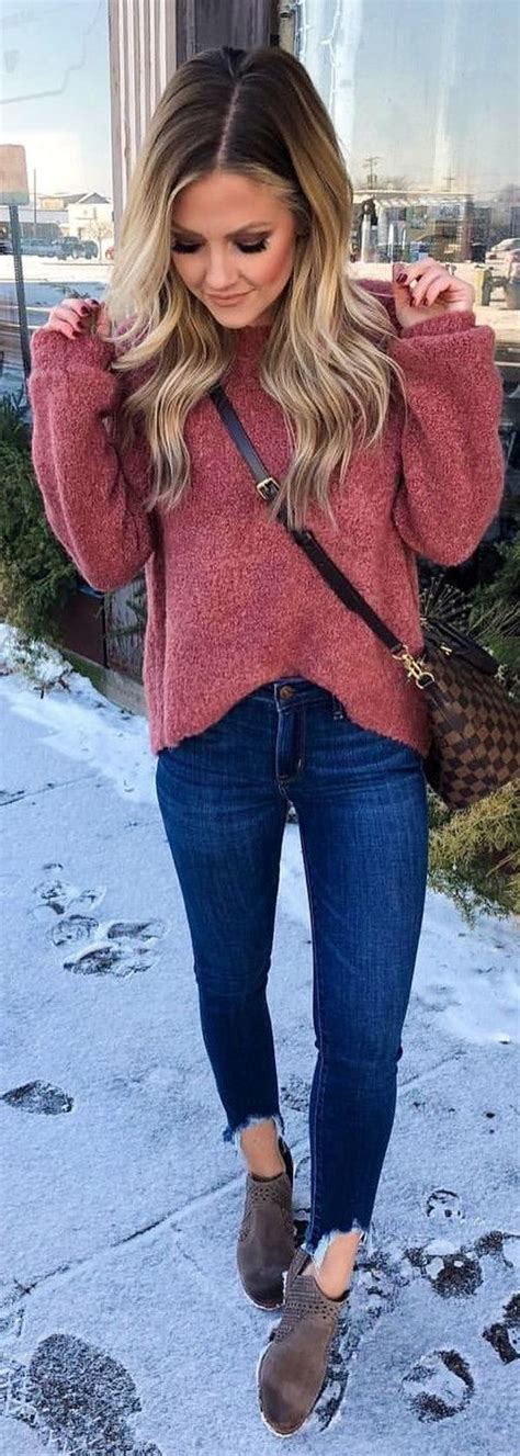 Winter Outfits Pink Long Sleeved Shirt Blue Denim Jeans And Grey