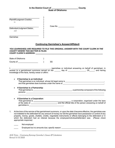 Oklahoma Continuing Garnishee S Answer Affidavit Fill Out Sign