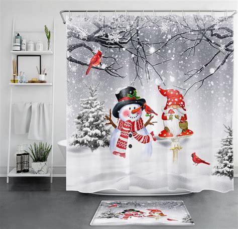 Winter Whimsy Gnome And Cardinal Shower Curtain Set For A Festive