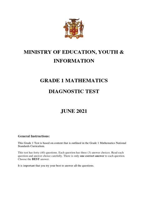 Grade 1 Mathematics Diagnostic Test Form 2021 Pdf