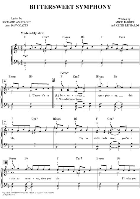 Bittersweet Symphony Sheet Music By The Verve For Easy Pianovocalchords Sheet Music Now