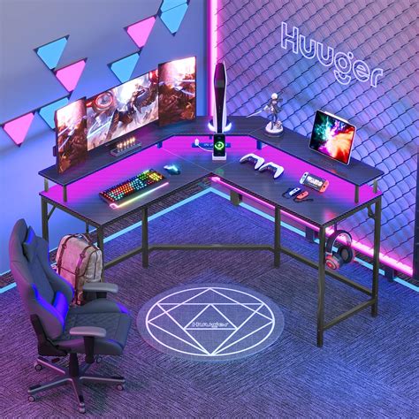 Huuger L Shaped Gaming Desk With Power Outlets And Led Lights Computer