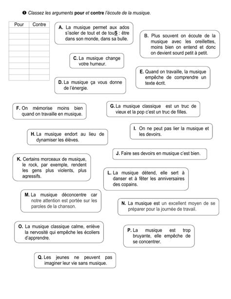 Classez Les Arguments Pour Et Contre La Musique