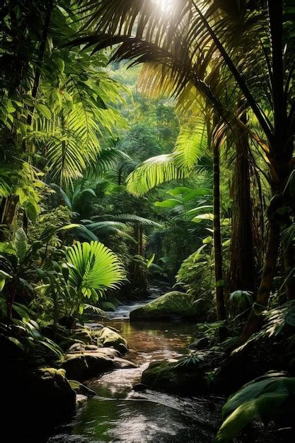 Premium Photo A Stream Running Through A Lush Green Forest