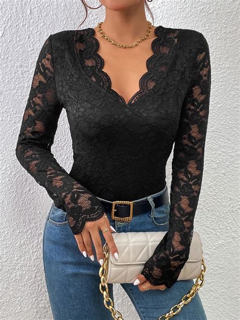 Lace Scallop Lace Bodysuit Comfy Jumpsuits