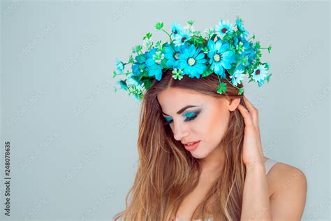 Young Beautiful Woman Floral Crown On Head In Side Profile Looking