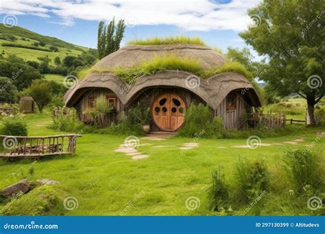 Circular Hobbit Style House With Grass Covered Roof Stock Image