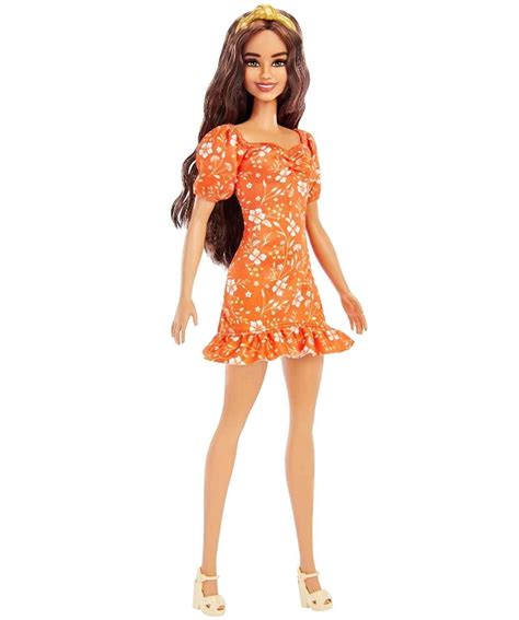 Boneca Barbie Fashionistas 182 Cabelos Castanhos Vestido Laranja Floral