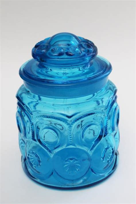 Vintage Le Smith Blue Glass Moon Stars Pattern Small Canister Jar W Lid