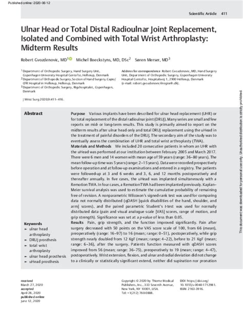 (PDF) Ulnar Head or Total Distal Radioulnar Joint Replacement, Isolated and Combined with Total ...