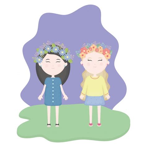 Couple De Jolies Filles Avec Une Couronne Florale Dans Les Cheveux Dans