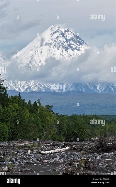 Volcanic Landscape Beautiful Summery View Of Kamen Volcano On A Cloudy