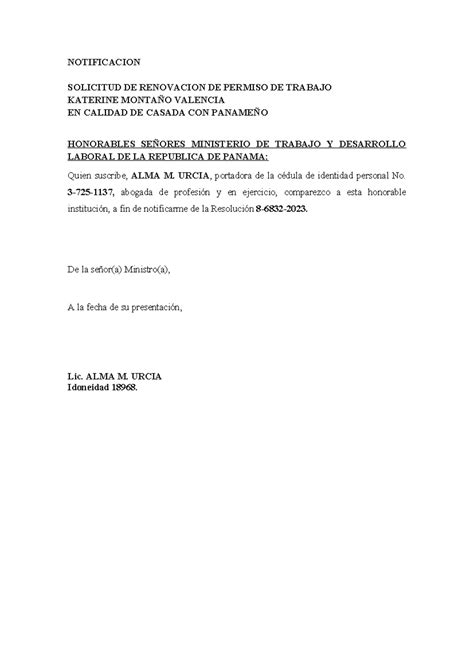 Autorizacion Renovacion Permiso DE Trabajo NOTIFICACION SOLICITUD