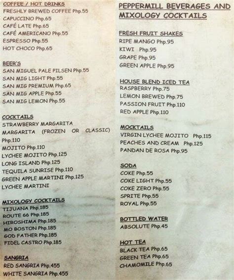 Menu at Peppermill restaurant, Quezon City