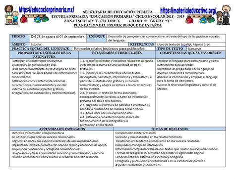 Planeaci N Del Quinto Grado Del Primer Bloque Del Ciclo Escolar