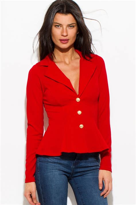 New Beginnings Red Golden Button Long Sleeve Fitted Peplum Blazer Jacket Top